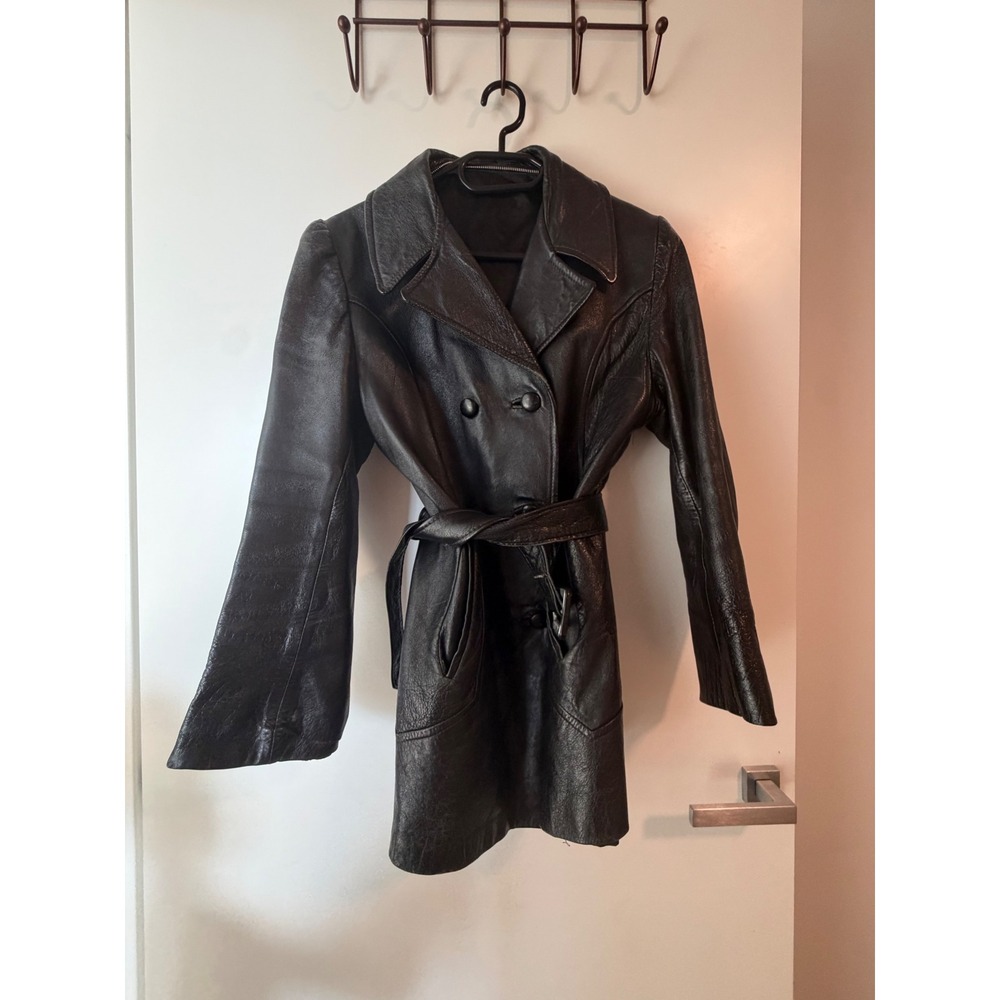 Vintage Black Genuine Leather Trench Coat Belted Double Breasted Jacket Womens